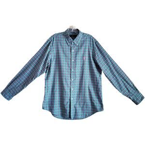 RALPH LAUREN Men's L Shirt Plaid Green Pink Button Down Pony Logo Cotton 46"